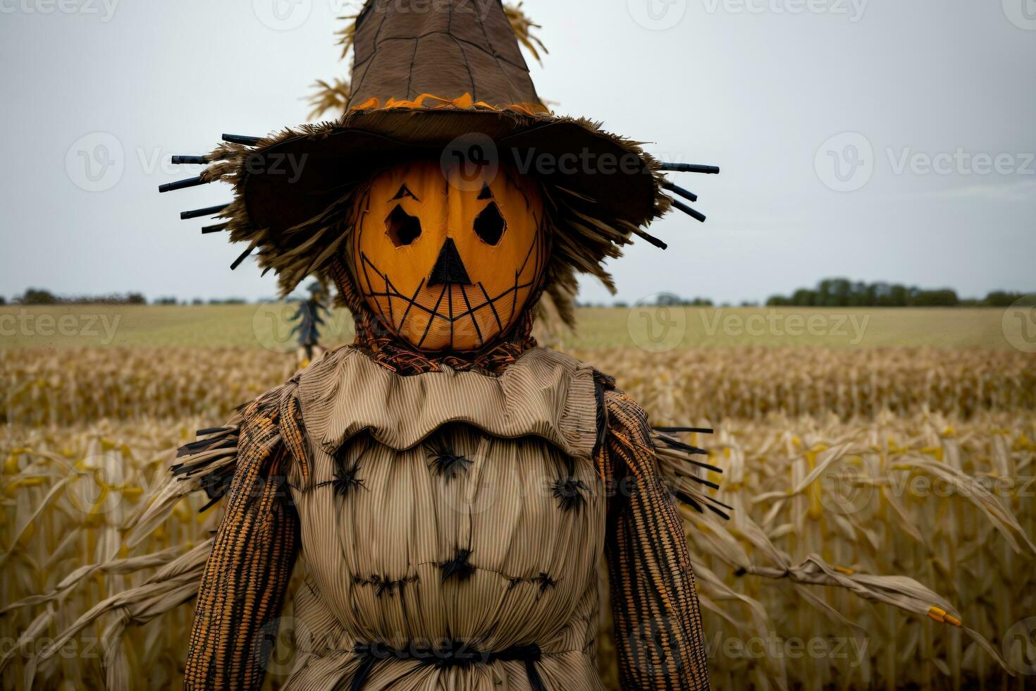 A Scarecrow Standing In A Field Of Corn. AI Generated photo