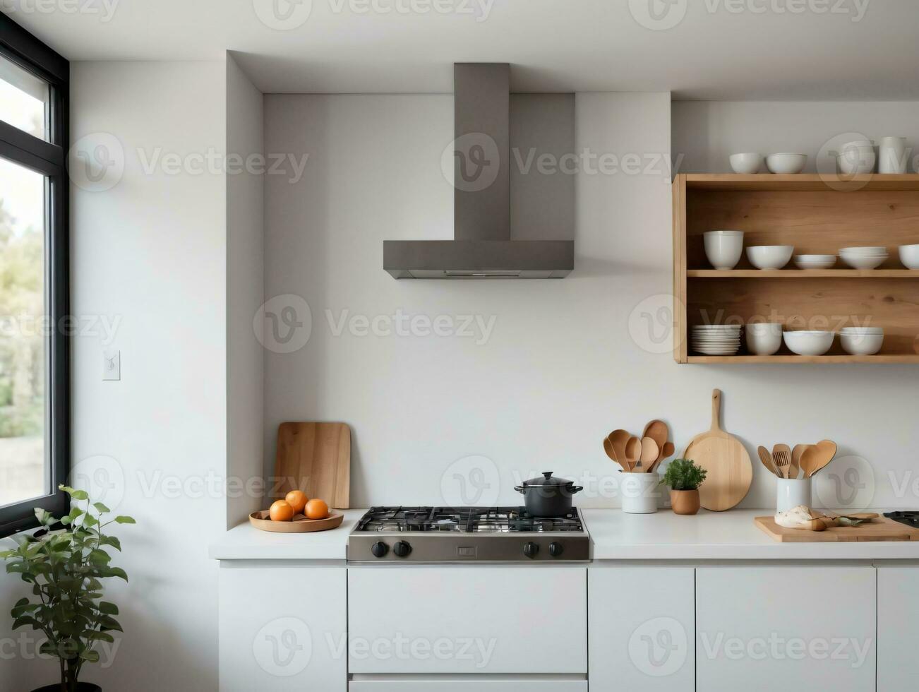 A Kitchen With A Stove Top Oven Next To A Window. AI Generated photo