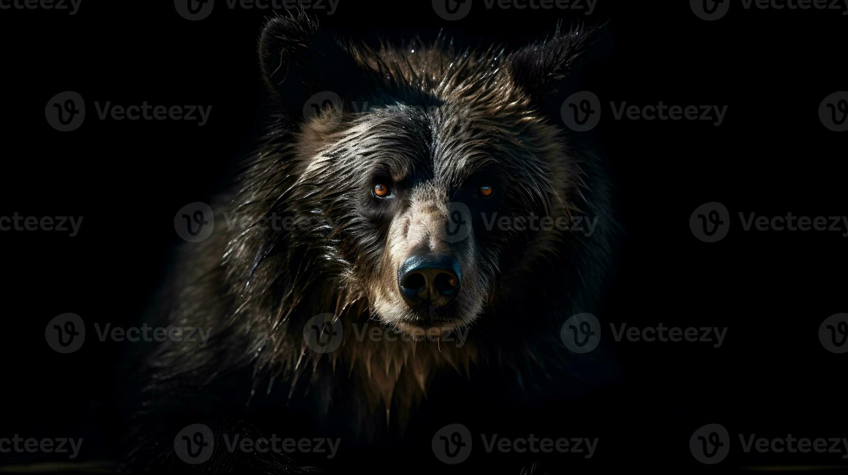 Close up of Brown bear in the dark black background with low light and high contrast. Generative AI photo