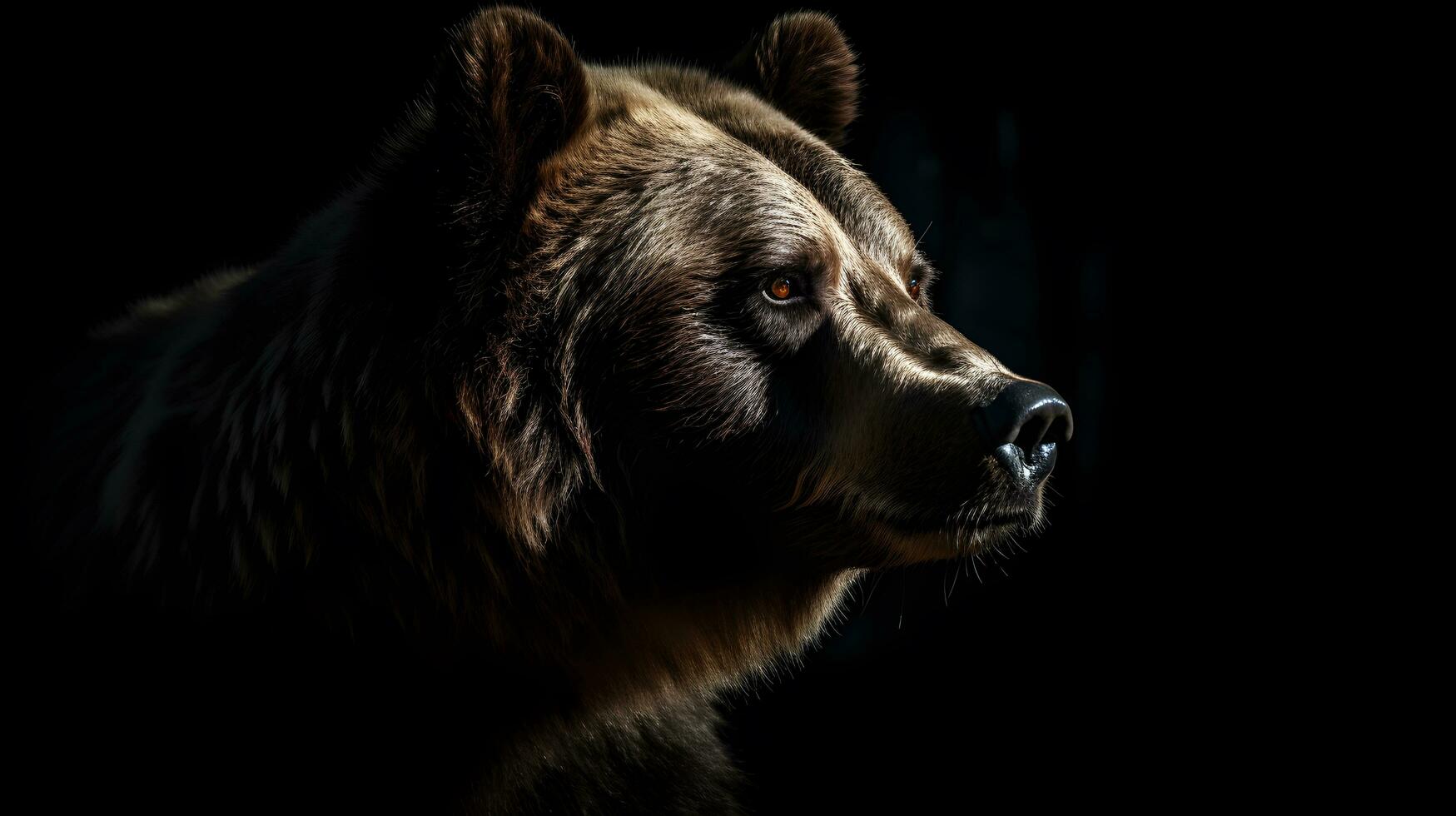 Close up of Brown bear in the dark black background with low light and high contrast. Created with generative AI technology photo