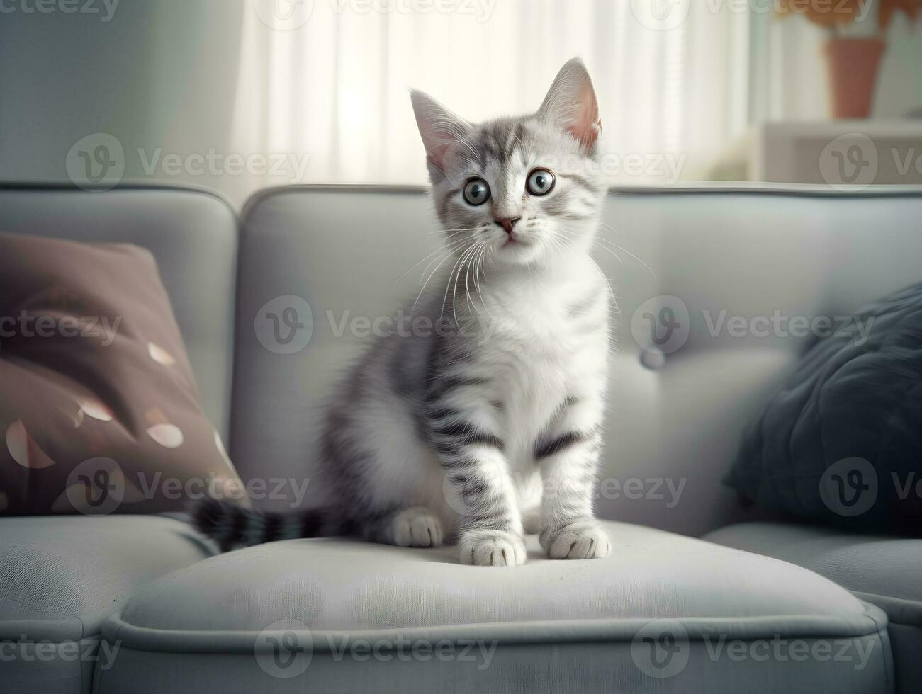 portrait of little cat relaxing on the soft couch in the living room. Adorable funny domestic little small kitty sleeping on couch at animal pet house. photo