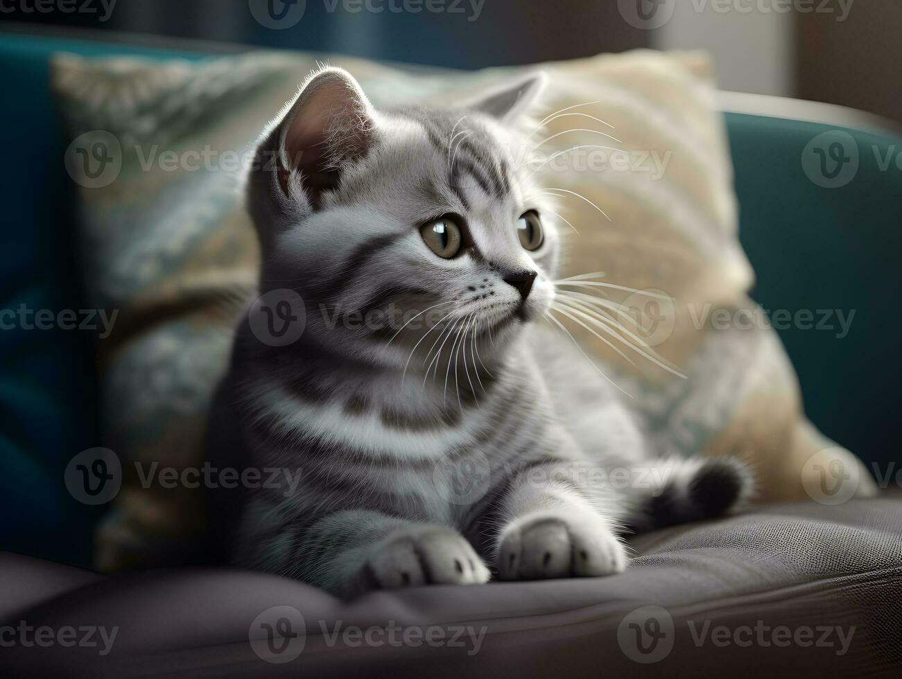 portrait of little cat relaxing on the soft couch in the living room. Adorable funny domestic little small kitty sleeping on couch at animal pet house. photo