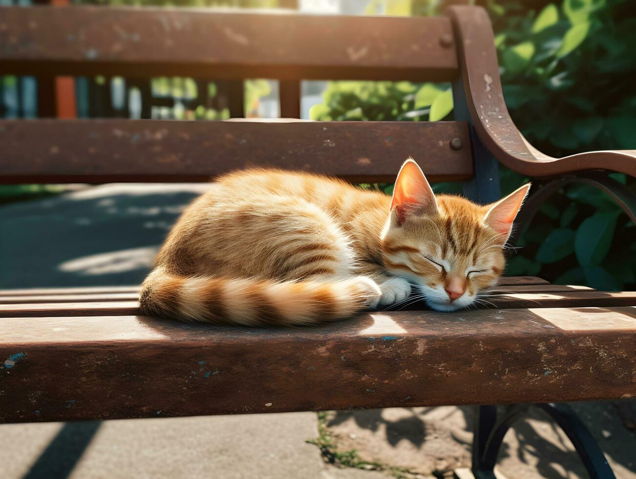 Little cute Cat sleeping on a bench in the garden of city park. Generative AI. photo