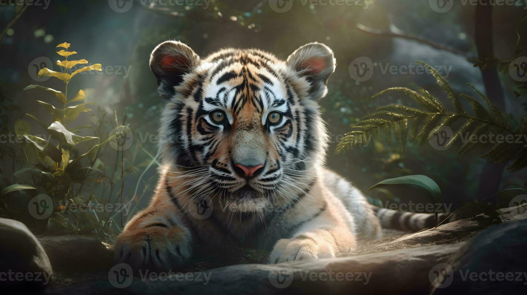 Cute Little Tiger cubs relax in the jungle in the morning of sunny day with bright sun light. Generative AI photo