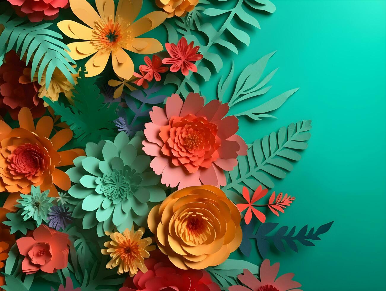 Top view of colorful paper cut flowers with green leaves on green background with copy space. Generative AI Image. photo