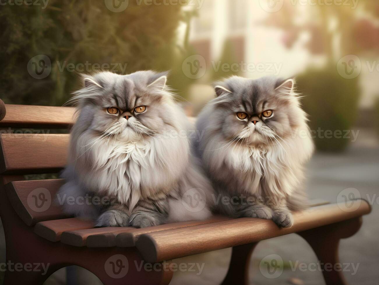 a couple of cute siberian cat sitting on a bench in the garden. Persian cat relax on a wooden chair in the city park. Generative AI photo. photo