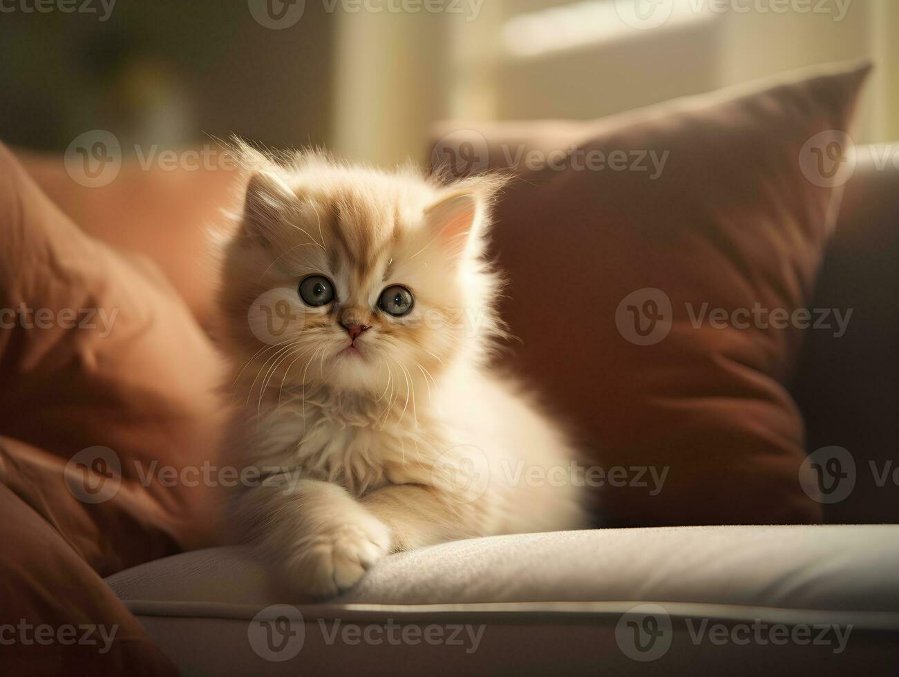 portrait of little cat relaxing on the soft couch in the living room. Adorable funny domestic little small kitty sleeping on couch at animal pet house. photo