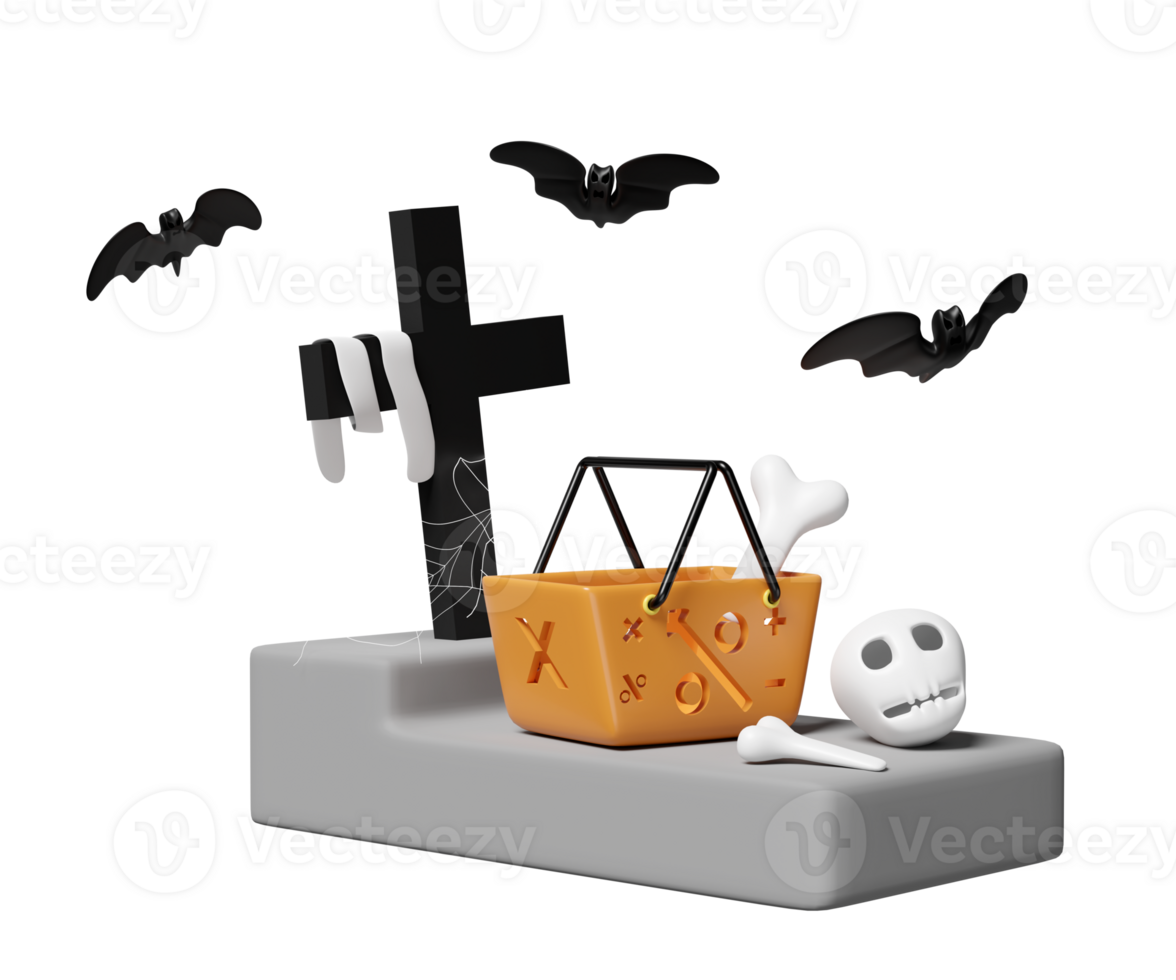 3d Halloween shopping day with basket, cemetery, skull, bats isolated. 3d render illustration png