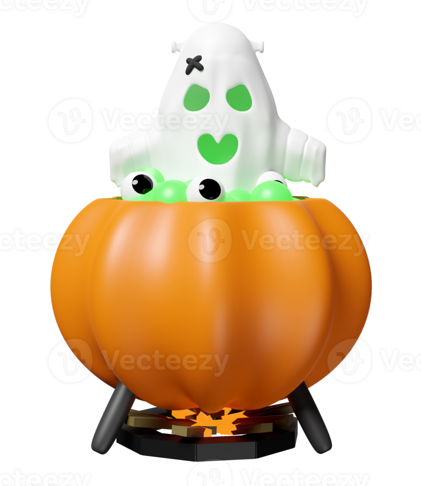 3d halloween holiday party with cute ghost, magic cauldron pumpkin, eye isolated. 3d render illustration png