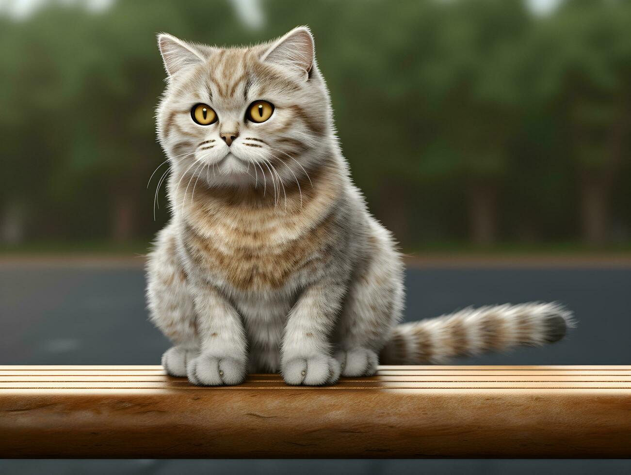 Cute cat sitting on a bench in the garden. AI generated photo. photo