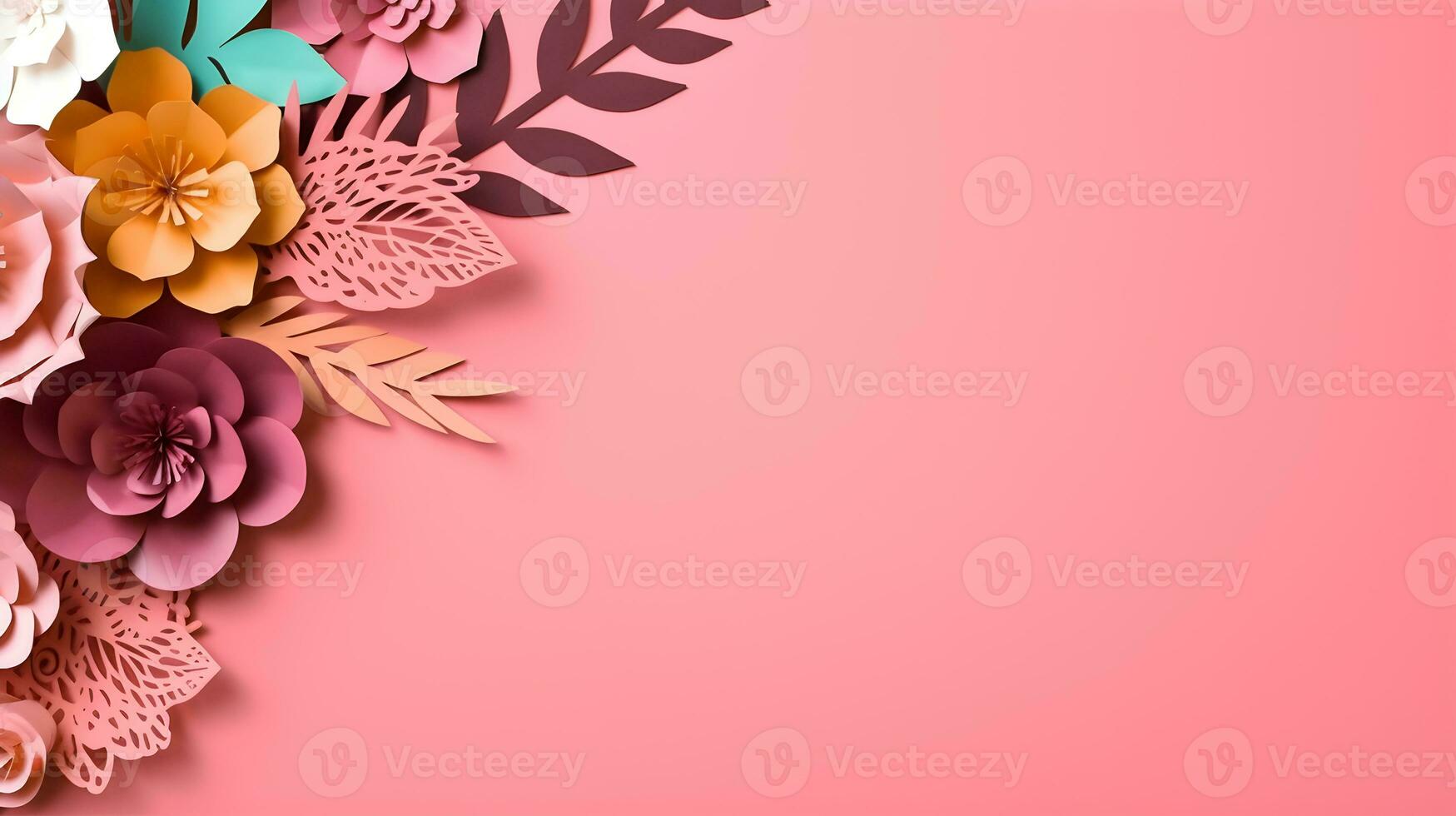 Top view of colorful paper cut flowers with green leaves on blue background with copy space. Generative AI Image. photo