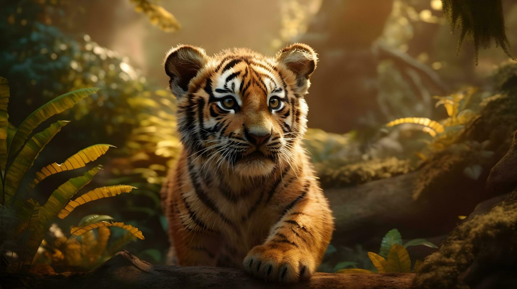 Cute Little Tiger cubs relax in the jungle in the morning of sunny day with bright sun light. Generative AI photo
