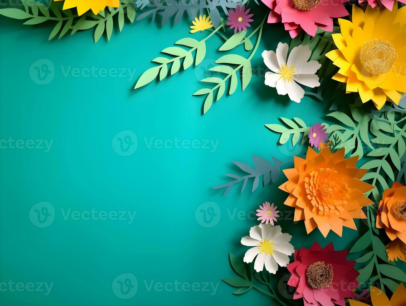 Top view of colorful paper cut flowers with green leaves on green background with copy space. Generative AI Image. photo