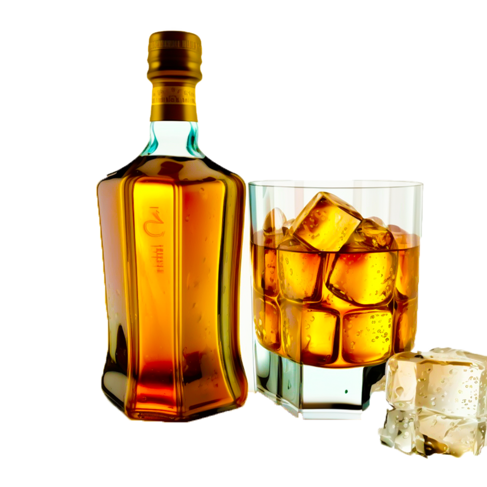 Transparent realistic bottle and glass with smokey scotch whiskey and ice png