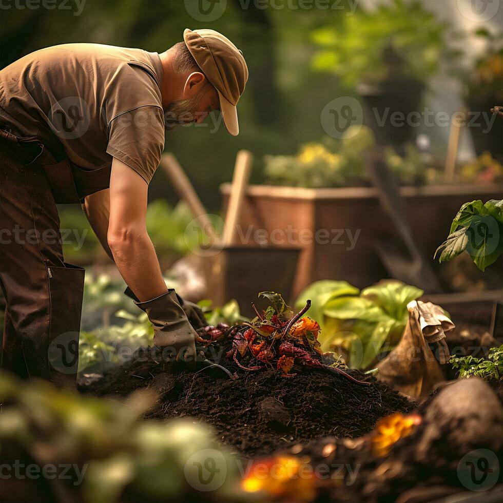Portrait compost Pile for real gardening and young original man face photo