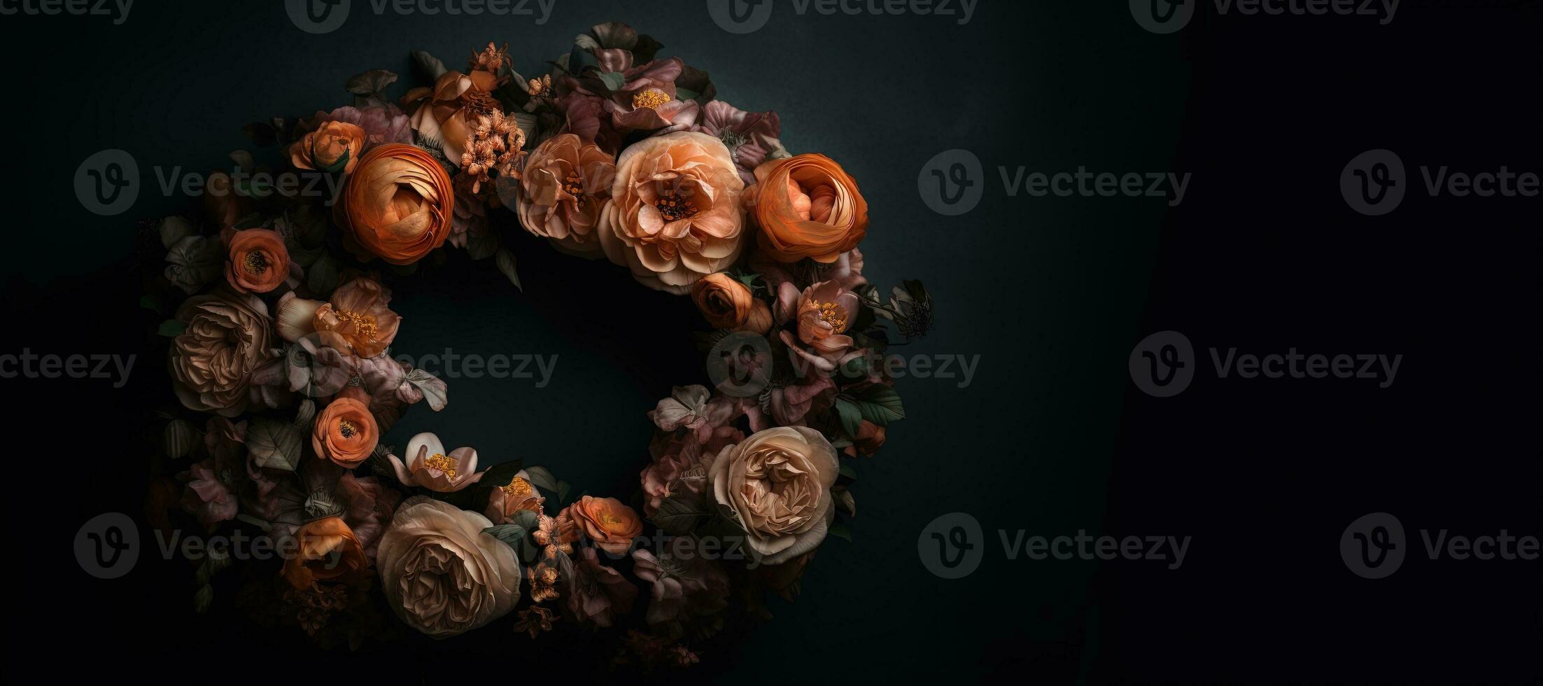 Generative AI, Close up wreath, blooming flowerbeds of amazing orange flowers on dark moody floral textured background. photo