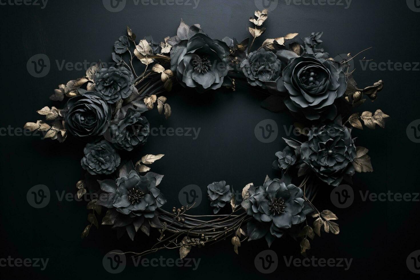 Generative AI, Close up wreath, blooming flowerbeds of amazing black flowers on dark moody floral textured background. photo