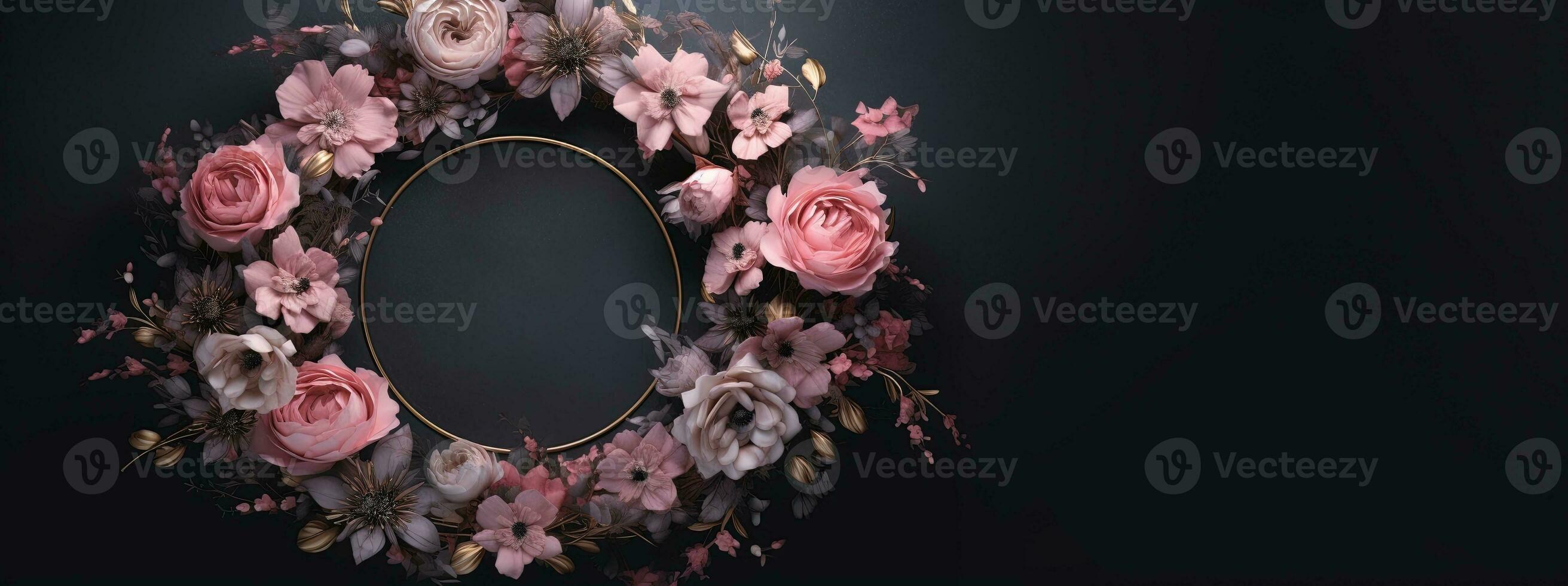 Generative AI, Close up wreath, blooming flowerbeds of amazing pink flowers on dark moody floral textured background. photo