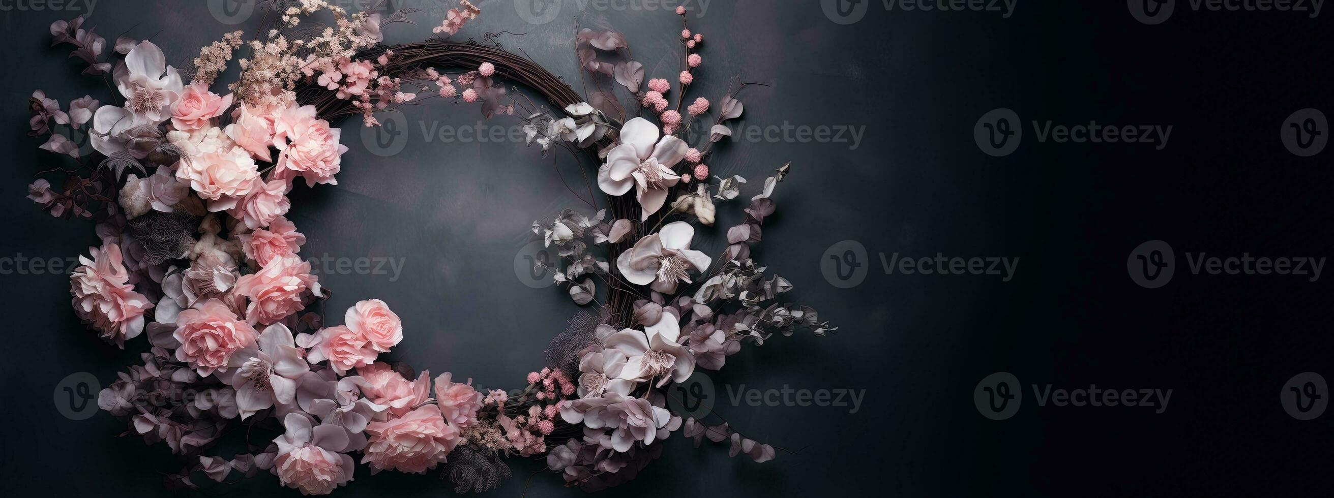 Generative AI, Close up wreath, blooming flowerbeds of amazing pink flowers on dark moody floral textured background. photo