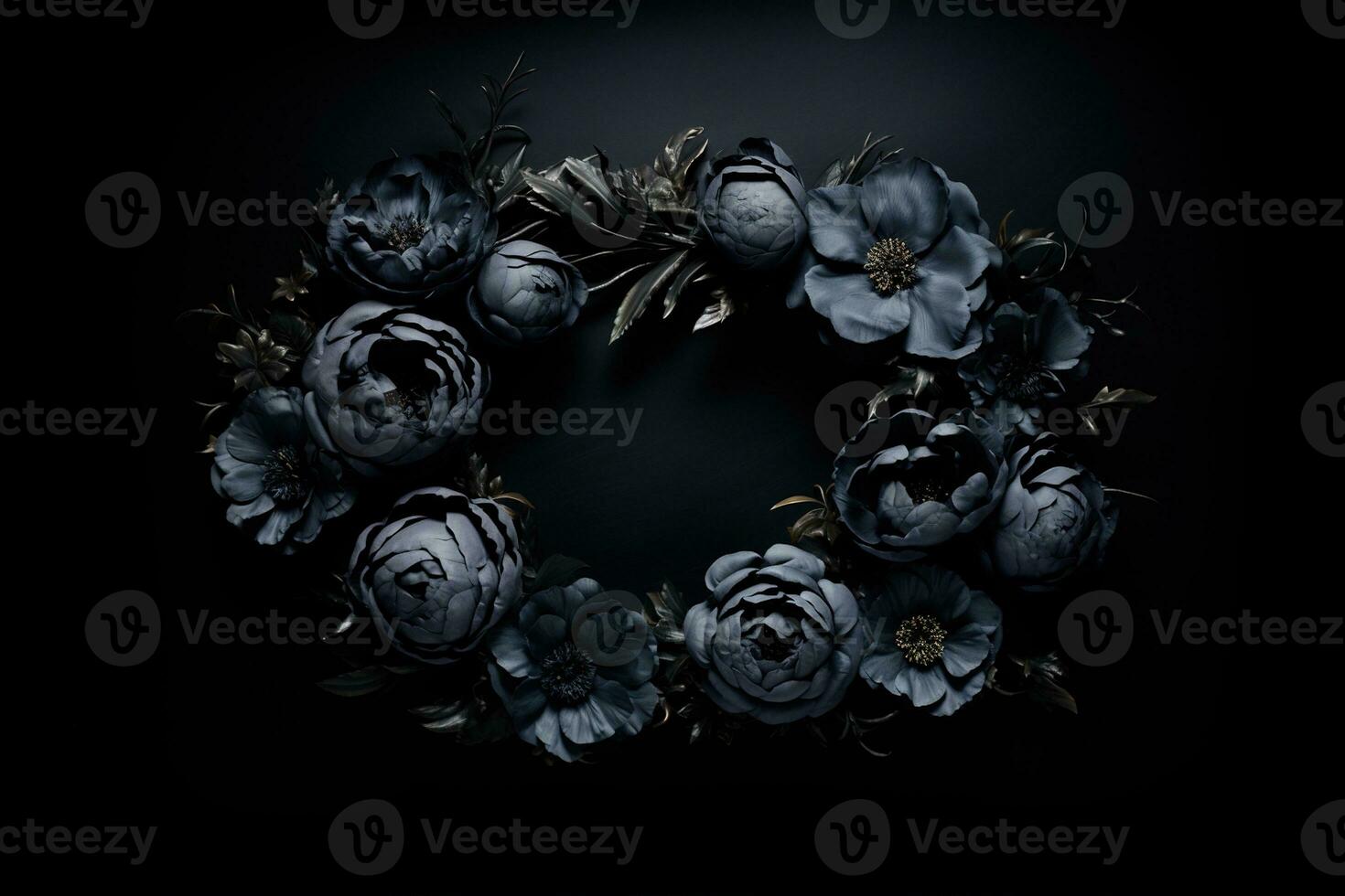 Generative AI, Close up wreath, blooming flowerbeds of amazing black flowers on dark moody floral textured background. photo