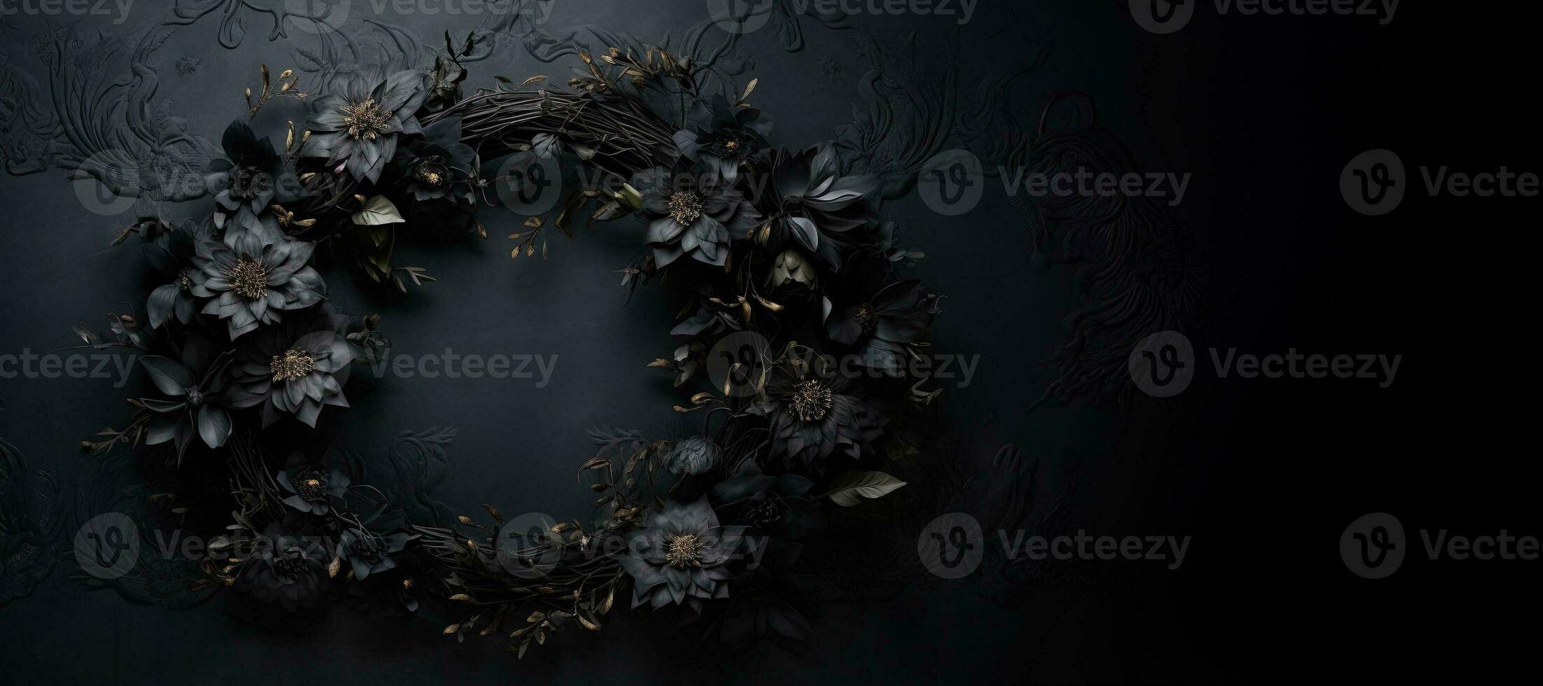 Generative AI, Close up wreath, blooming flowerbeds of amazing black flowers on dark moody floral textured background. photo