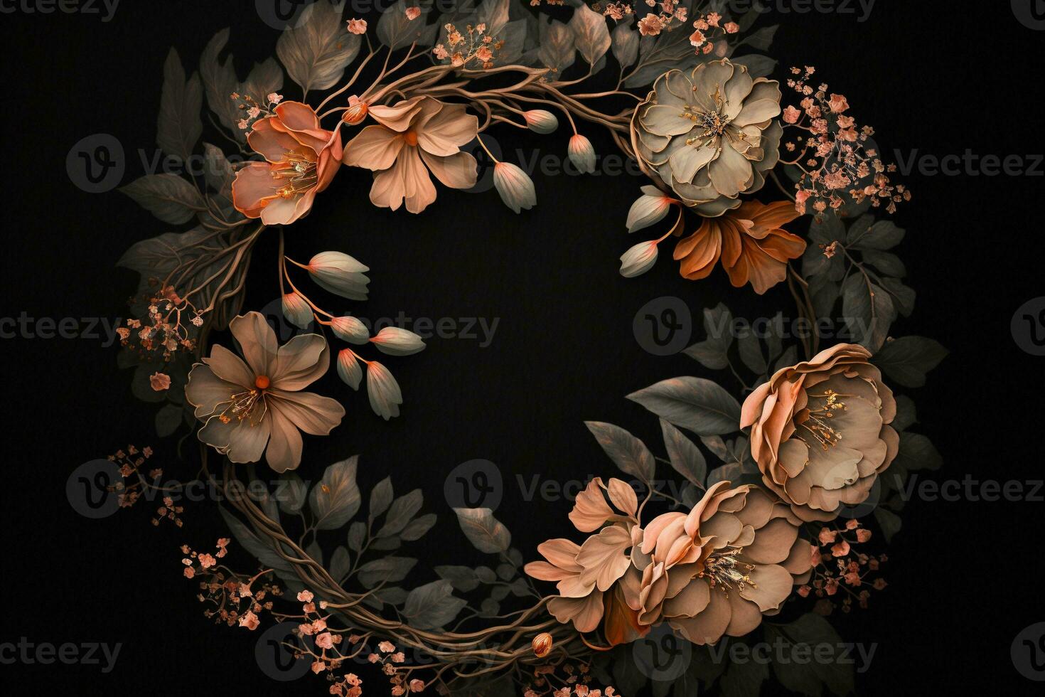 Generative AI, Close up wreath, blooming flowerbeds of amazing apricot and orange flowers on dark moody floral textured background. photo