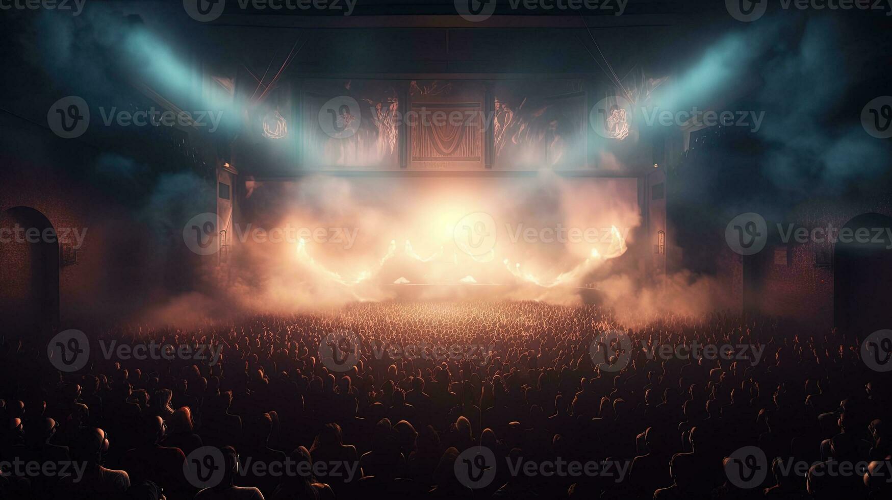 Generative AI, People crowd on music rock festival concert in stadium, big stage lit by spotlights. photo