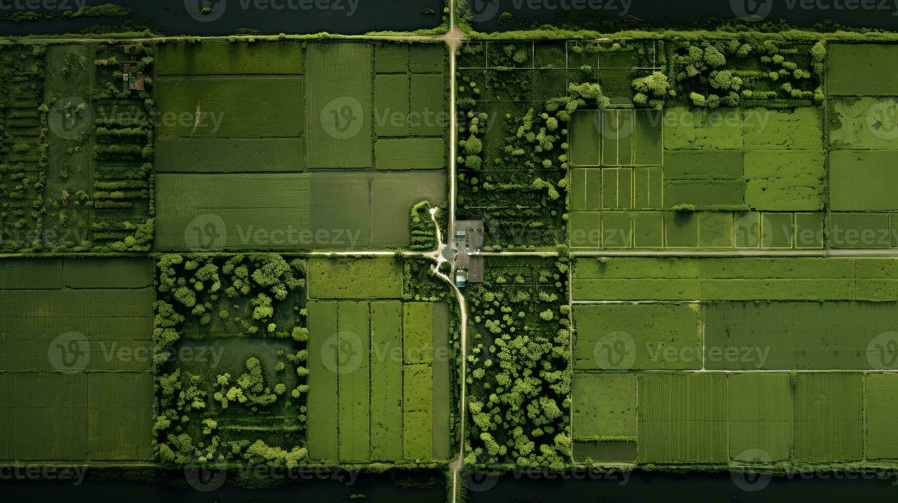 Generative AI, Farm landscape, agricultural fields, beautiful countryside, country road. Nature Illustration, photorealistic top view drone, horizontal banner. photo
