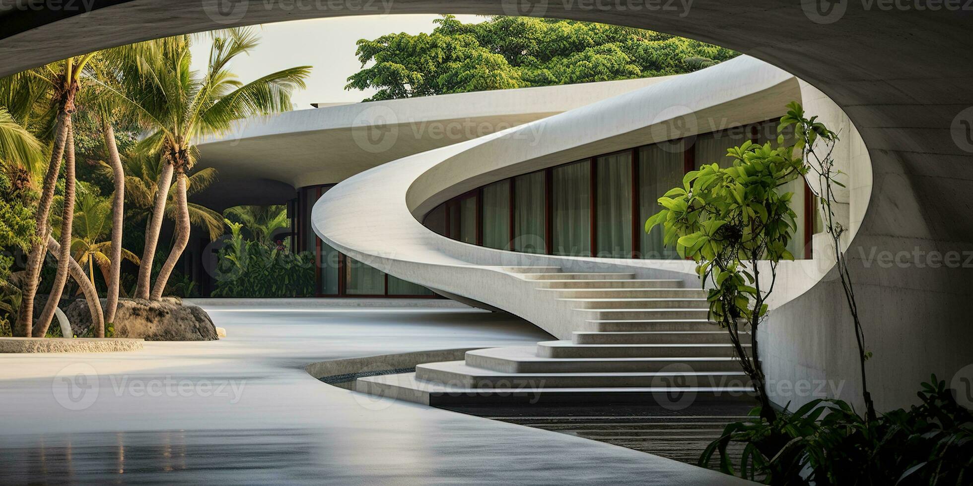 Generative AI, modern luxury house with lush tropical garden. Villa, hotel resort, architectural photography in the style of futuristic curves photo