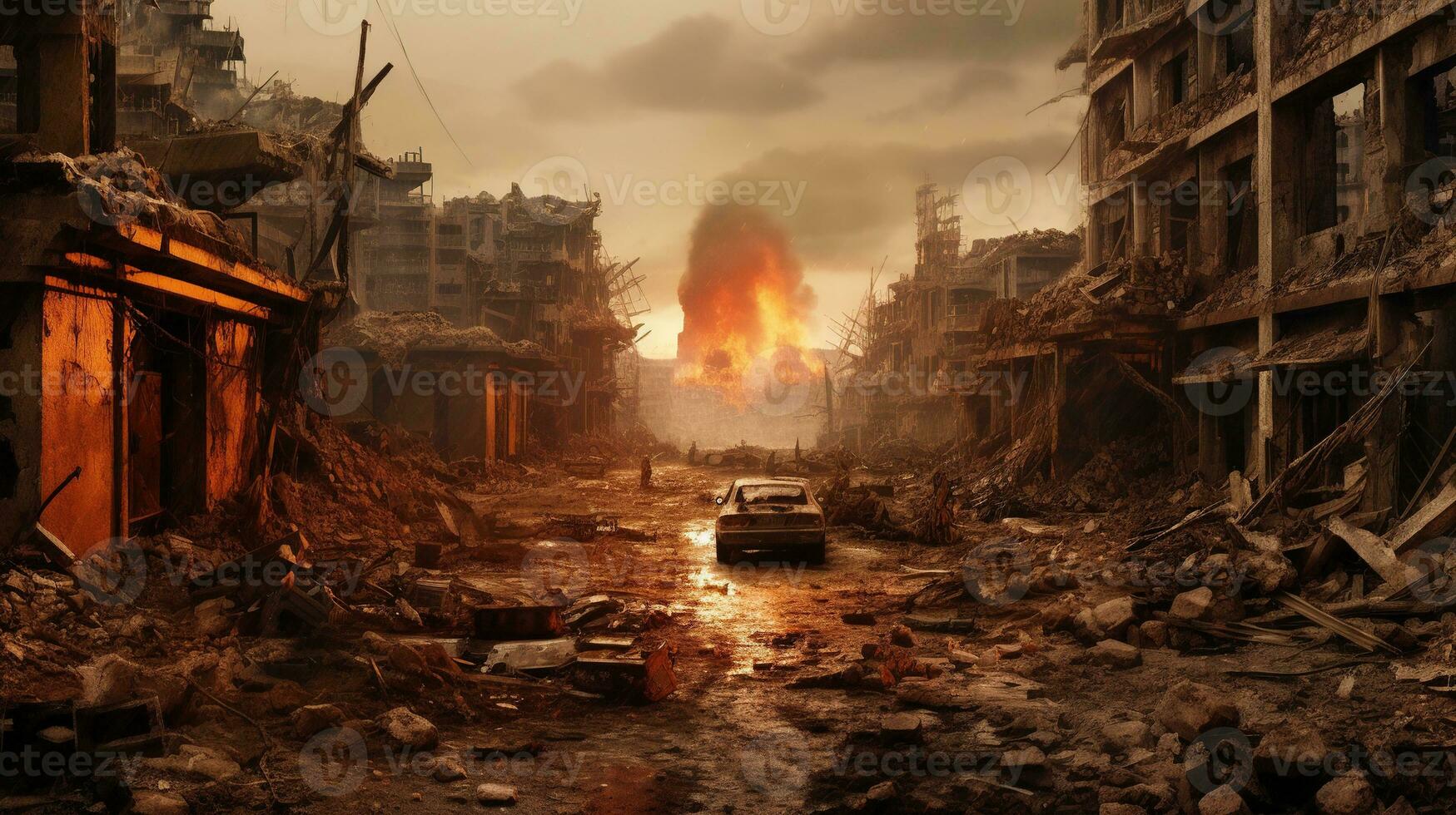 Generative AI, Destruction in the city, burned town street with no life, apocalyptic scene photo