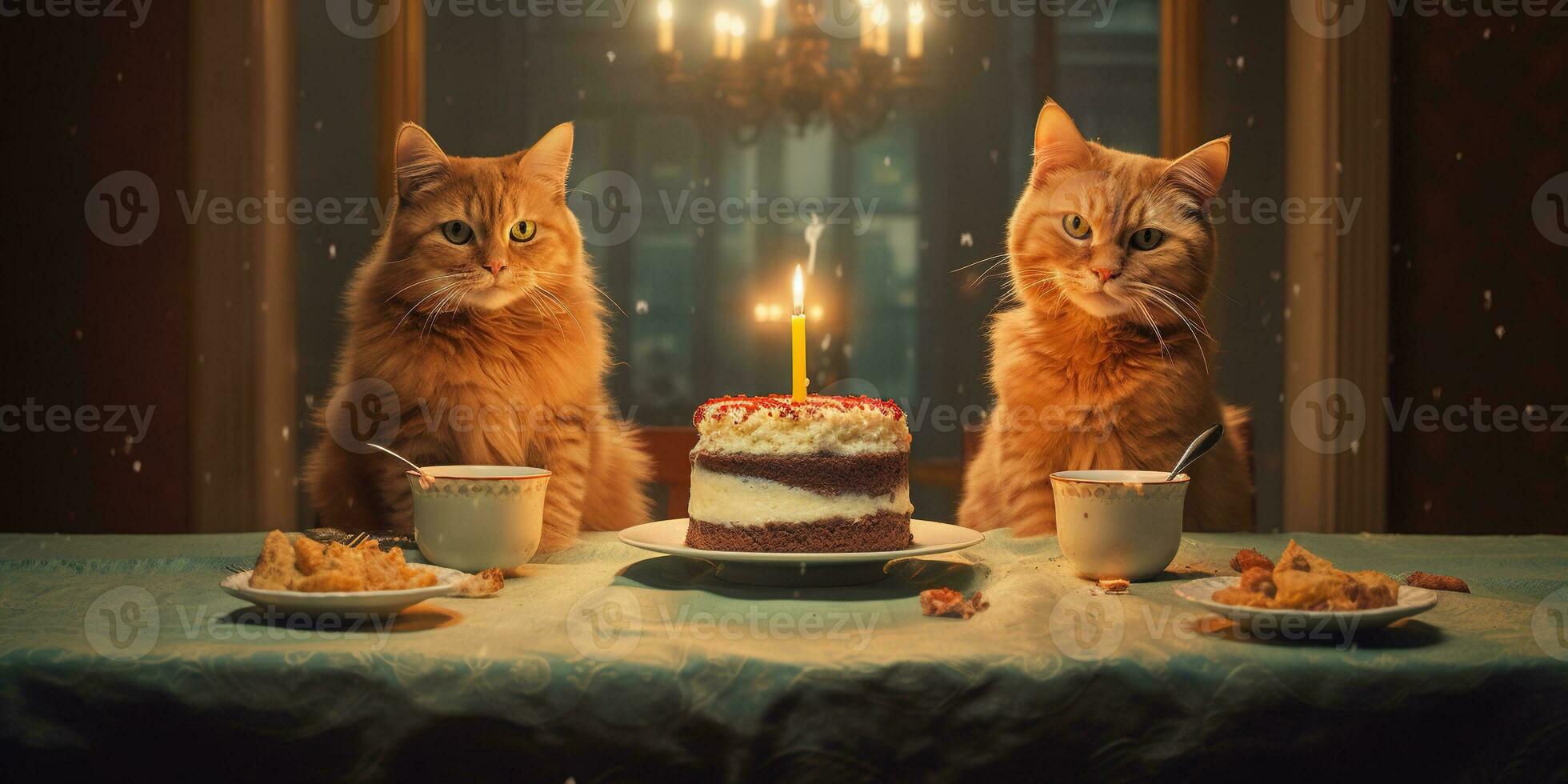 Generative AI, Cat birthday party, cake with a candles photo