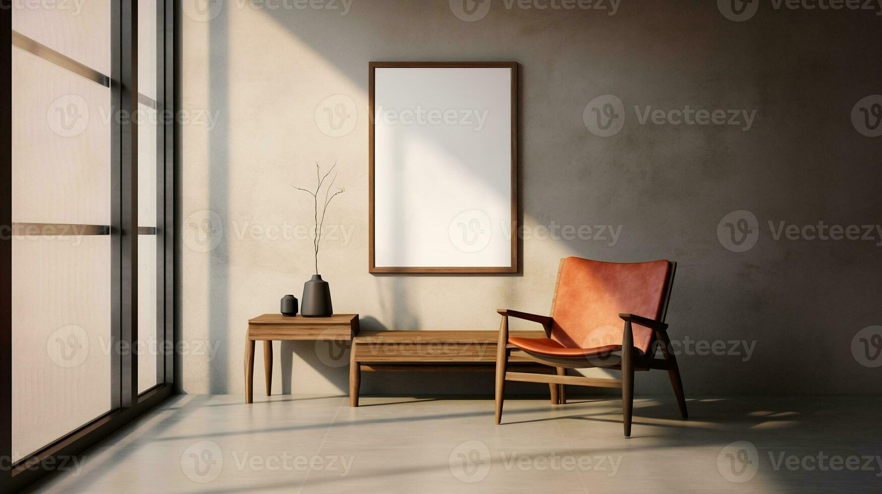 Generative AI, Poster frame mockup in beige and brown living room interior, wabi sabi minimalism style photo