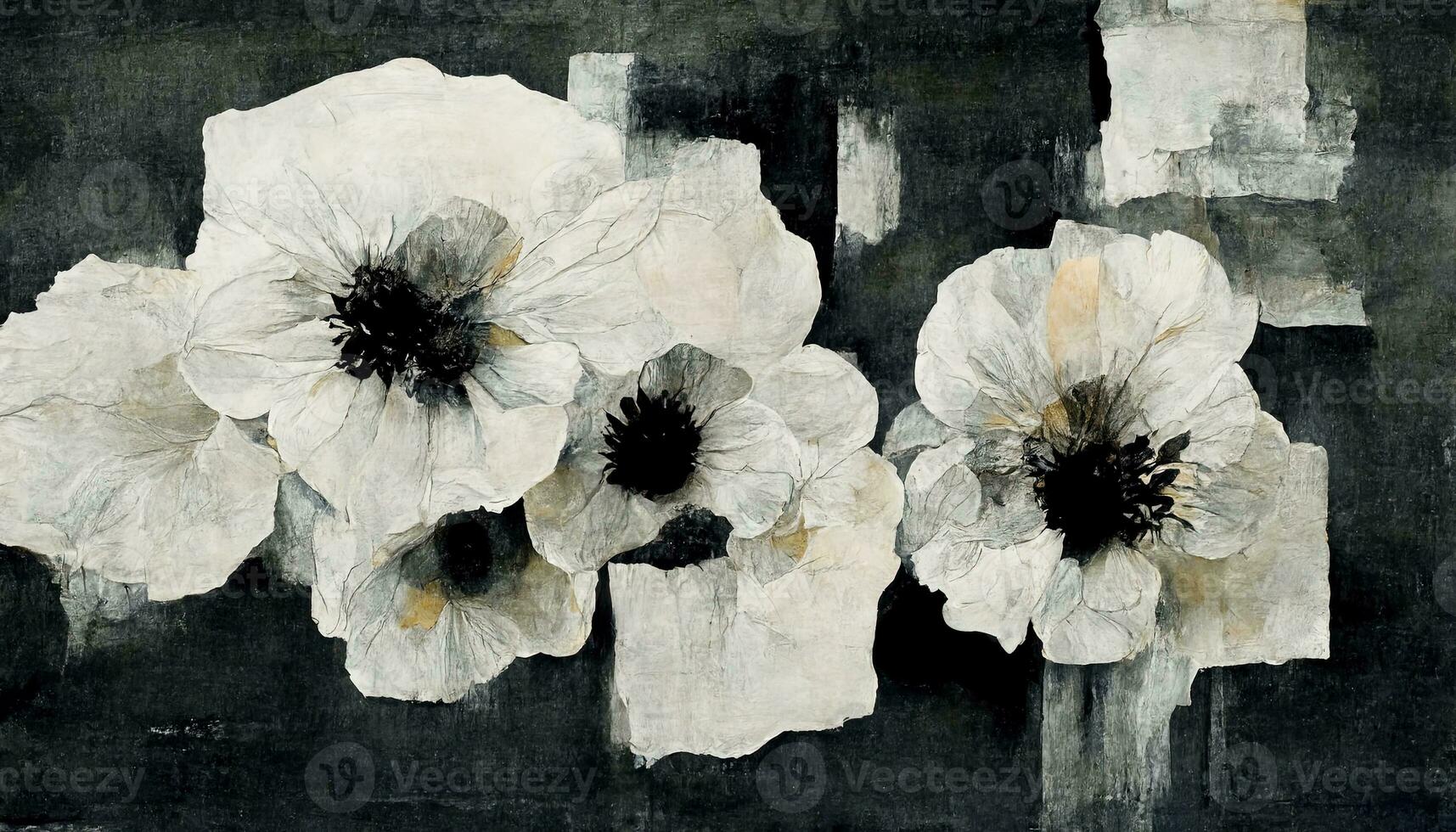 Generative AI, Black watercolor abstract painted flowers on vintage background. Ink black street graffiti art on a textured paper, washes and brush strokes. photo