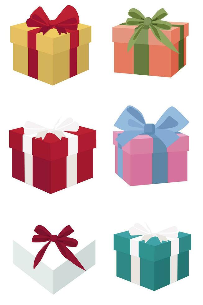 vector conjunto de papel regalo cajas con diferente color cintas y cartulina. plano estilo regalo cajas, aislado en antecedentes. transparente antecedentes