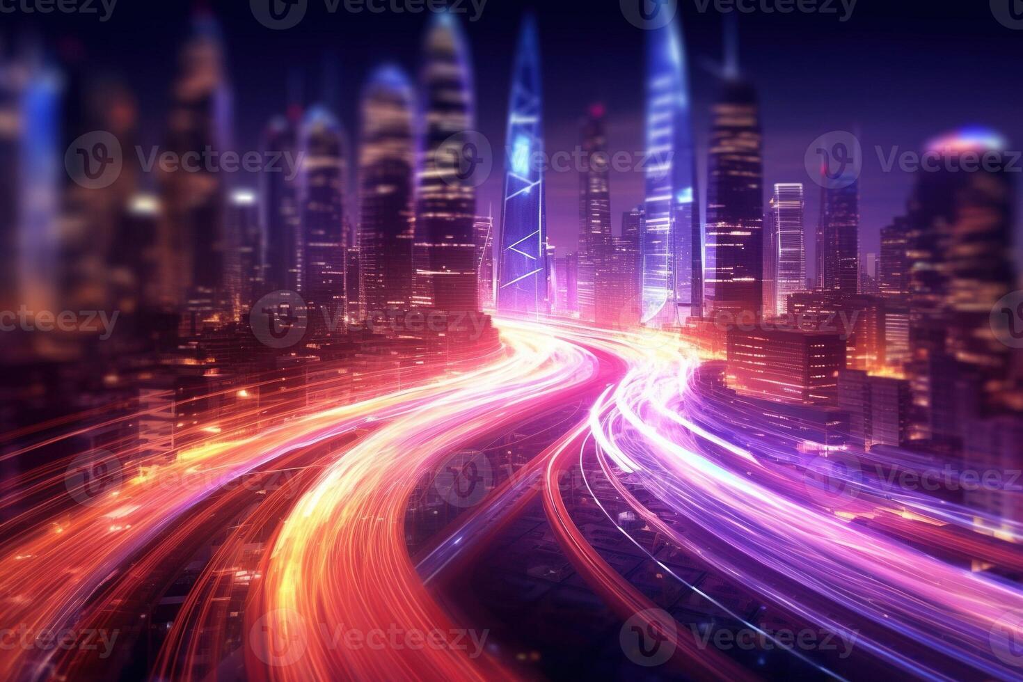 Digital composite of light trails in the city at night with illuminated buildings , photo