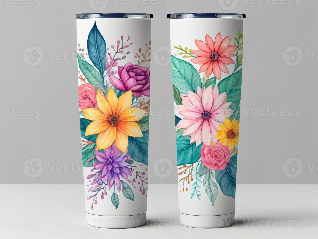 Two White Tumbles With Colorful Flowers Painted On Them. AI Generated photo