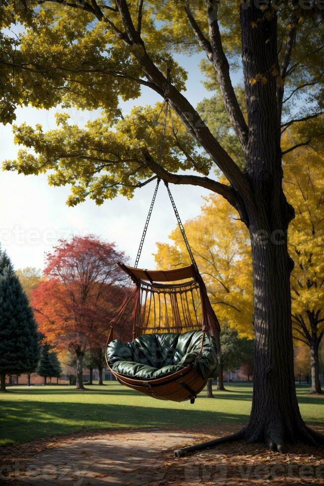 A Hammock Hanging From A Tree In A Park. AI Generated photo