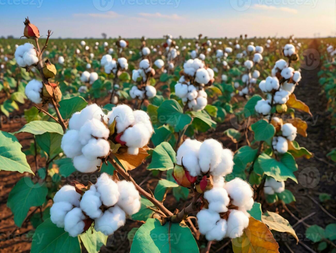 un campo lleno de algodón plantas con verde hojas. ai generado foto