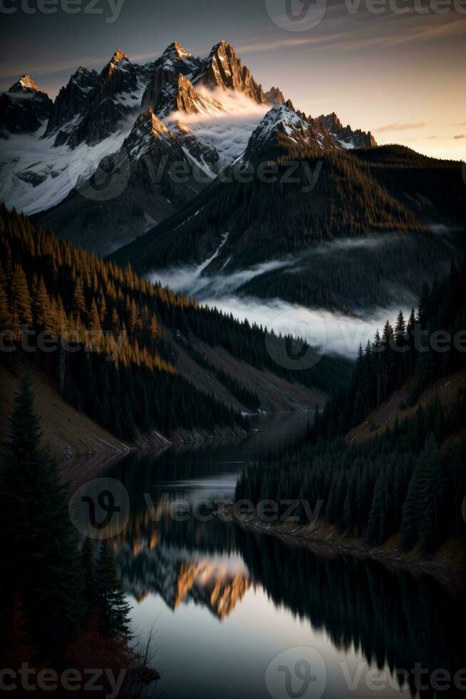 A Mountain Range With A Lake In The Foreground. AI Generated photo