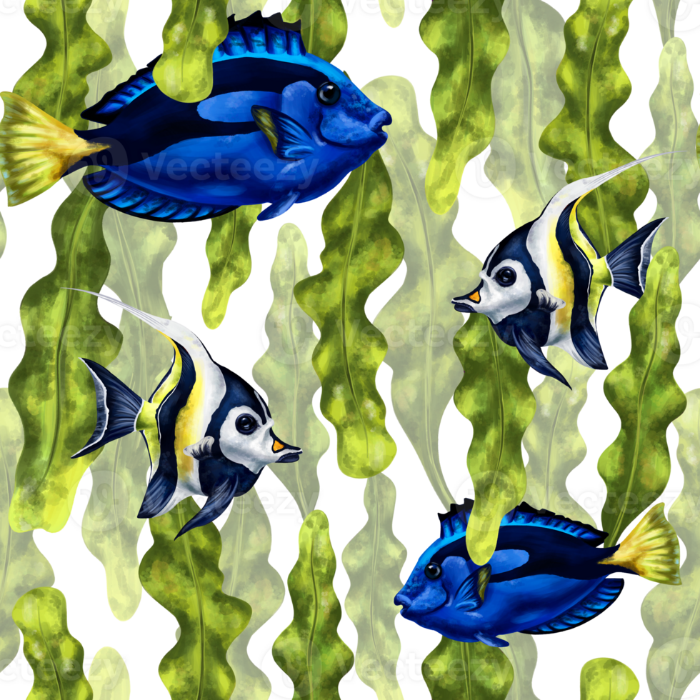 Seamless pattern with thickets of seaweed and blue exotic fish. Background for textiles, fabrics, banners, wrapping paper and other designs. png