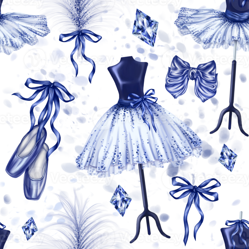 Seamless pattern with ballet blue outfits. Dance tutus, pointe shoes, bows and feathers. A theatrical performance, a showcase of an atelier, a store, a fashion show. Digital isolated illustration. png