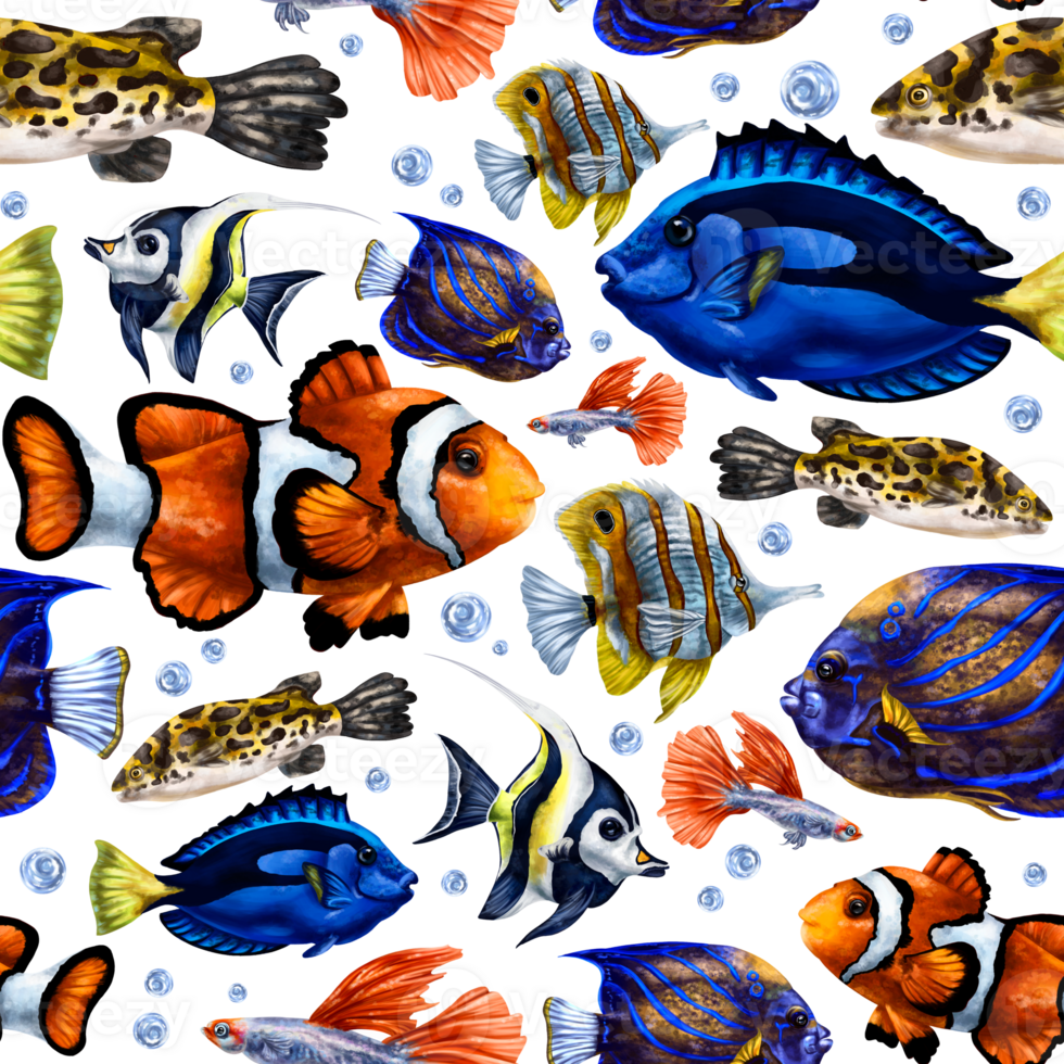 Seamless pattern with colorful marine life. Tropical fish. Background for textiles, fabrics, wrapping paper, souvenirs and other designs. png