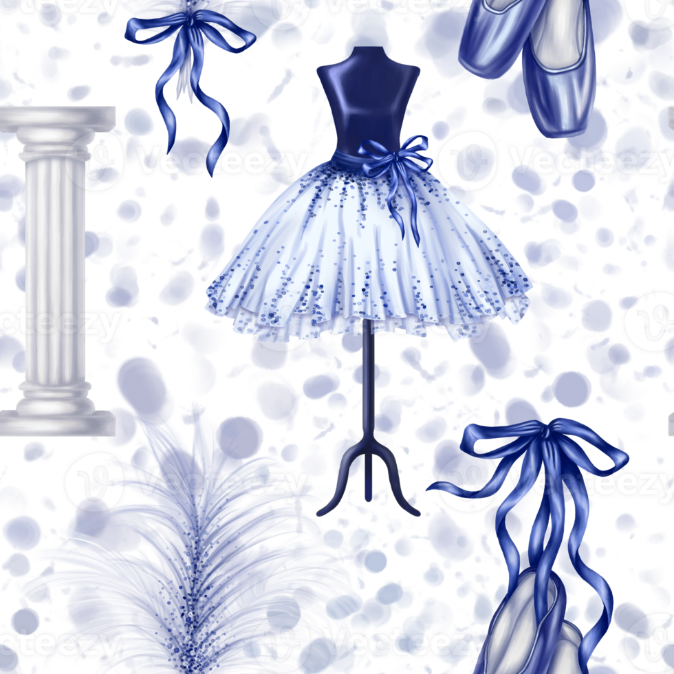 Seamless pattern with ballet blue outfits. Dance tutus, pointe shoes, bows and feathers. A theatrical performance, a showcase of an atelier, a store, a fashion show. Digital isolated illustration png