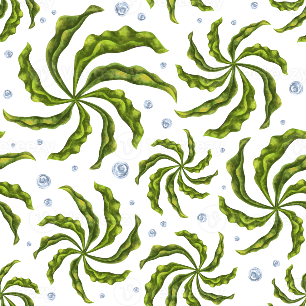 Seamless pattern with thickets of bright green seaweed and water bubbles. Background for textiles, fabrics, banners, wrapping paper, wallpaper and other designs png