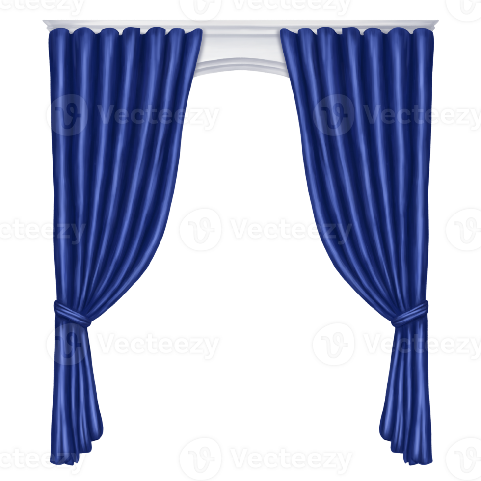 Arch of blue curtains made of satin, silk, fabric. Digital illustration. Decorative element for windows and doors in the interior of a house, dance hall, theater. png