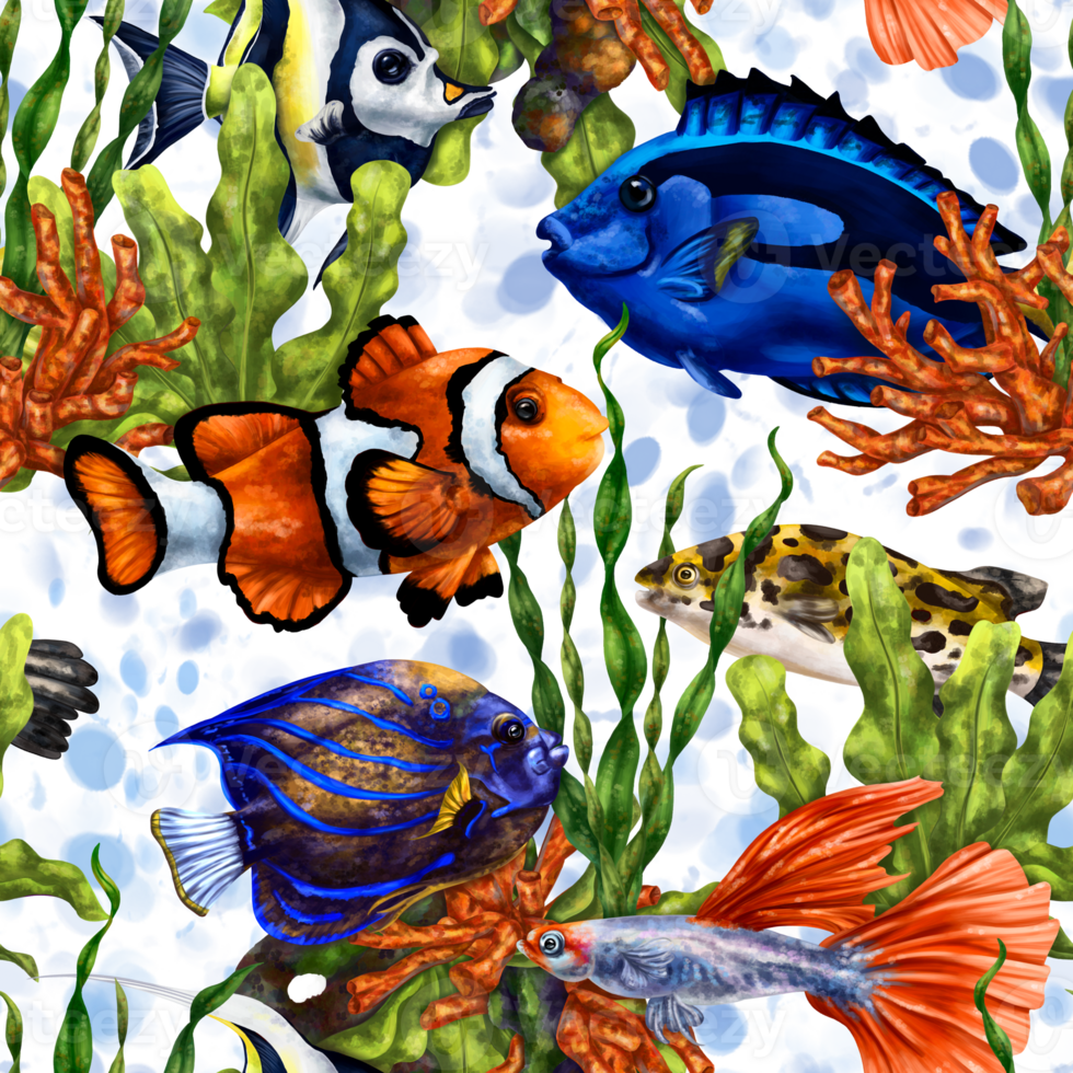 Colorful sea fish in the ocean. Tropical waterfowl among green algae and red corals. Underwater life, diving and snorkeling, traveling to exotic places. Seamless pattern, digital illustration png