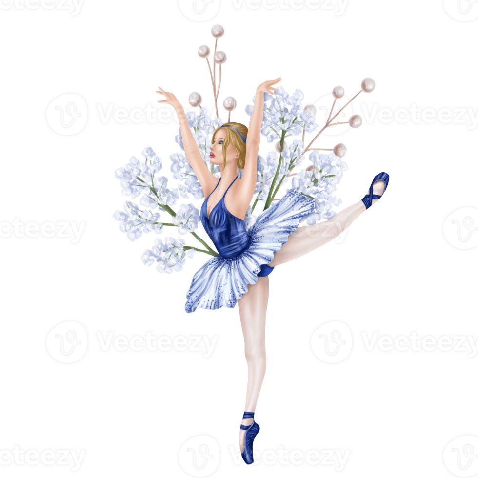 Dancing girl decorated with gypsophila flowers and decorative twigs. Theatrical performance of an elegant ballerina in a blue tutu and pointe shoes. Digital isolated illustration png