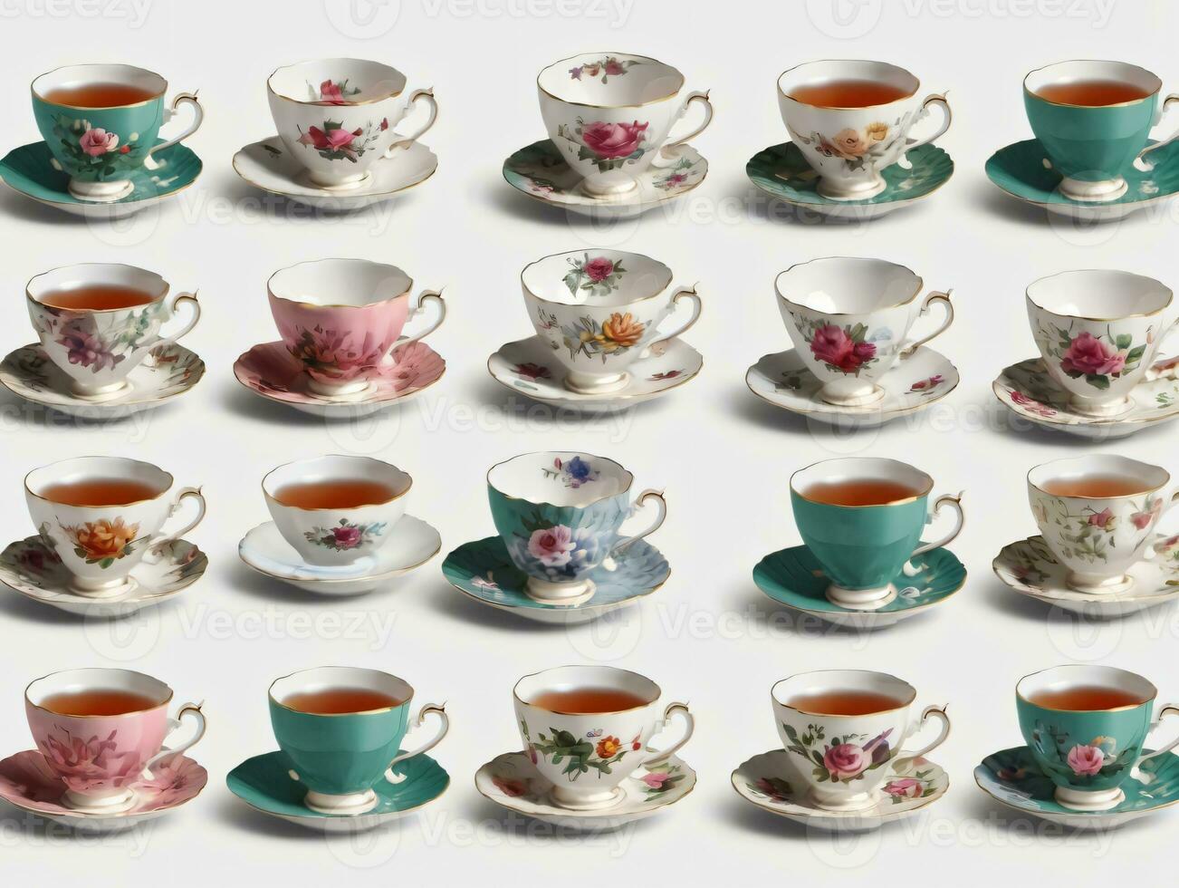 A Number Of Cups And Saucers With Flowers On Them. AI Generated photo