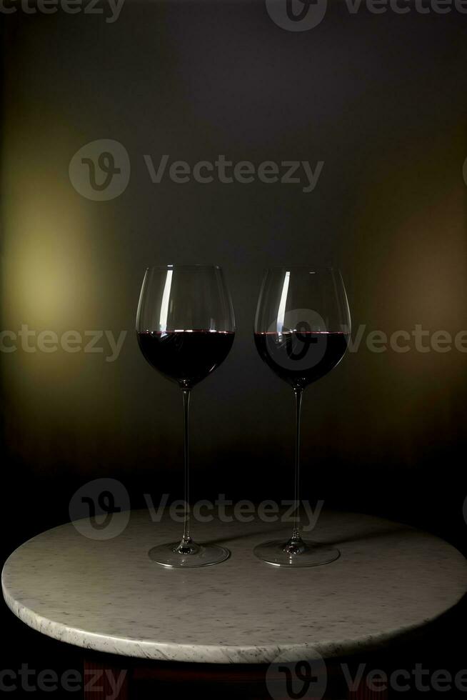 Two Glasses Of Wine Sitting On Top Of A Table. AI Generated photo