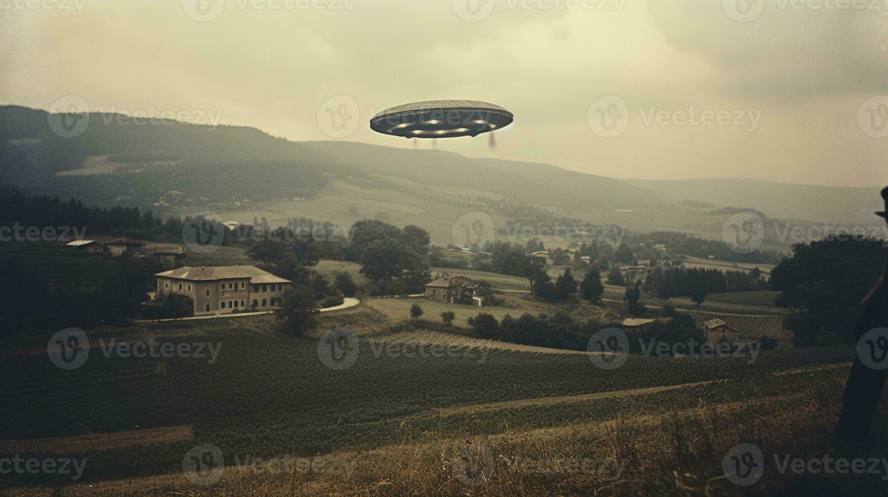 Generative AI, UFO over the Italian landscape vintage photo, aliens witnesses retro 1930s style photography photo